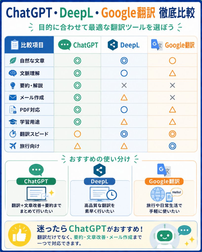 ChatGPT・DeepL・Google翻訳の特徴比較