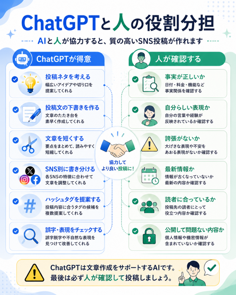 ChatGPTが得意な作業と人が確認する作業の比較図