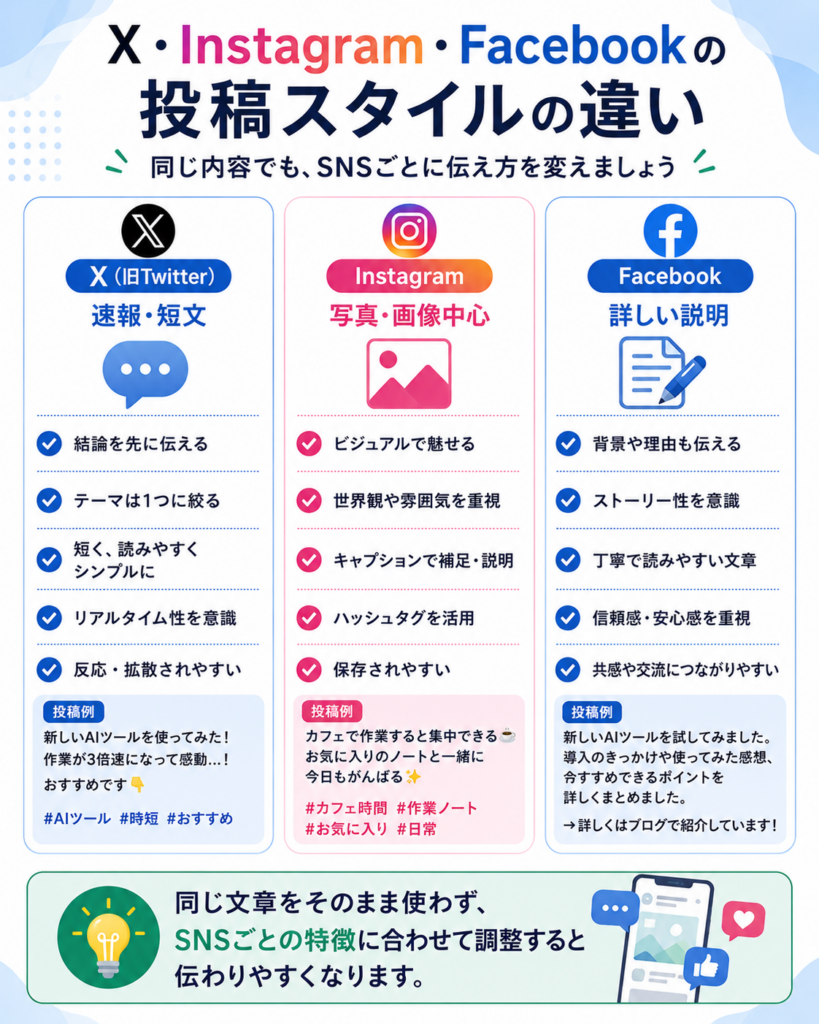 X・Instagram・Facebookの投稿文の違いを比較した図