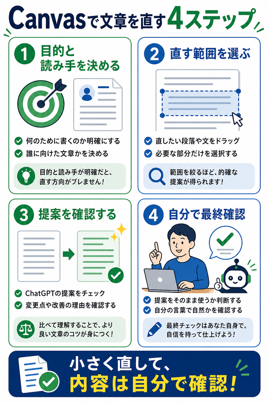 目的設定から部分選択、人による確認、完成までを示すCanvas編集の4ステップ