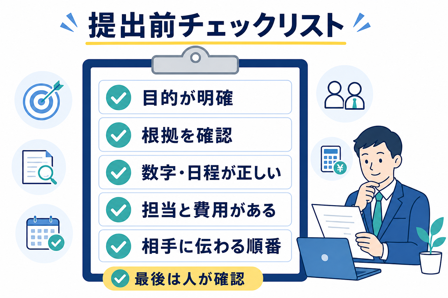 企画書の提出前チェックリスト。目的、根拠、数字と日程、担当と費用、伝わる順番を確認する